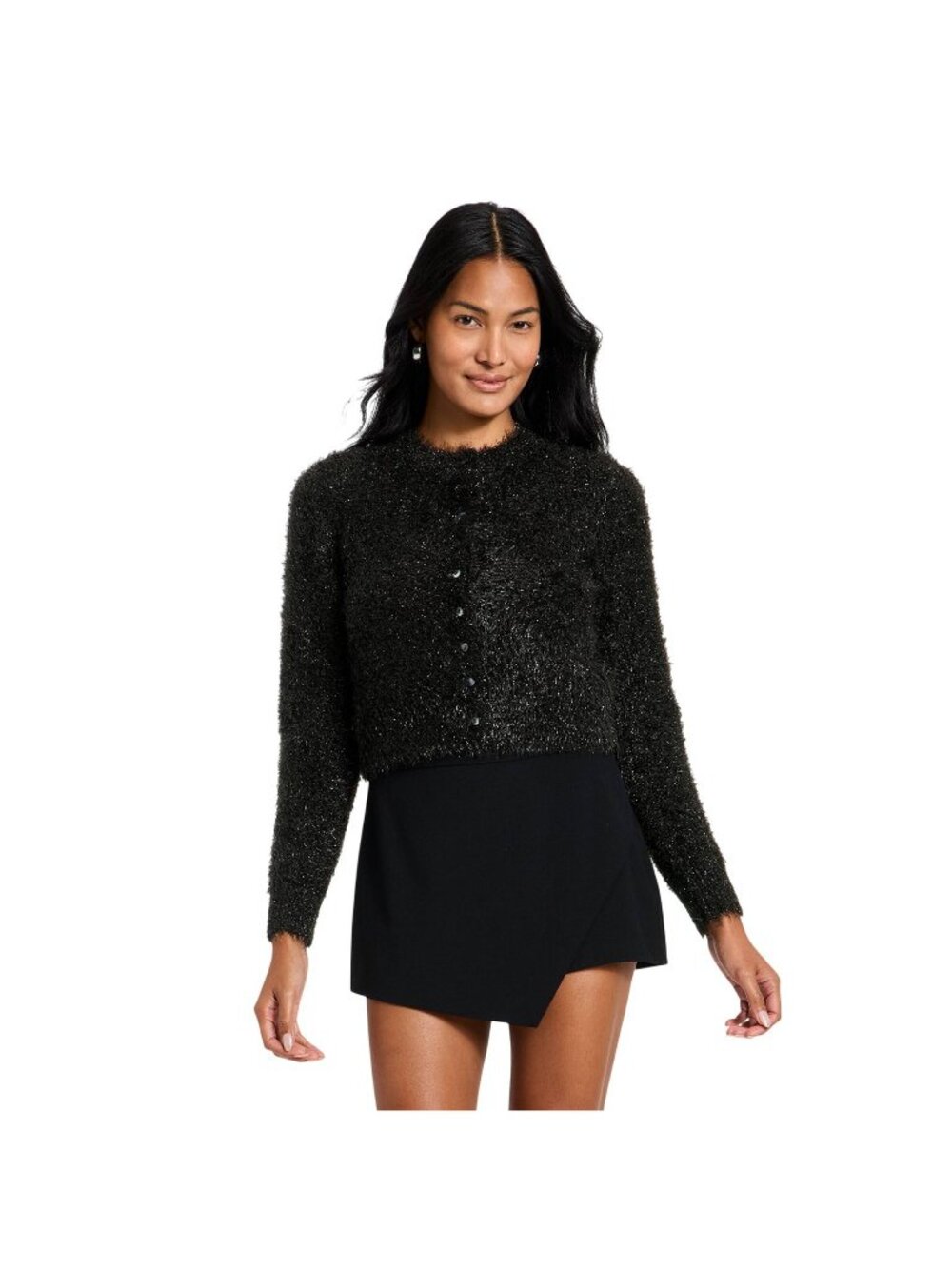 NWT A New Day Womens Long Sleeve Tinsel Button Party Cardigan Sweater Black M